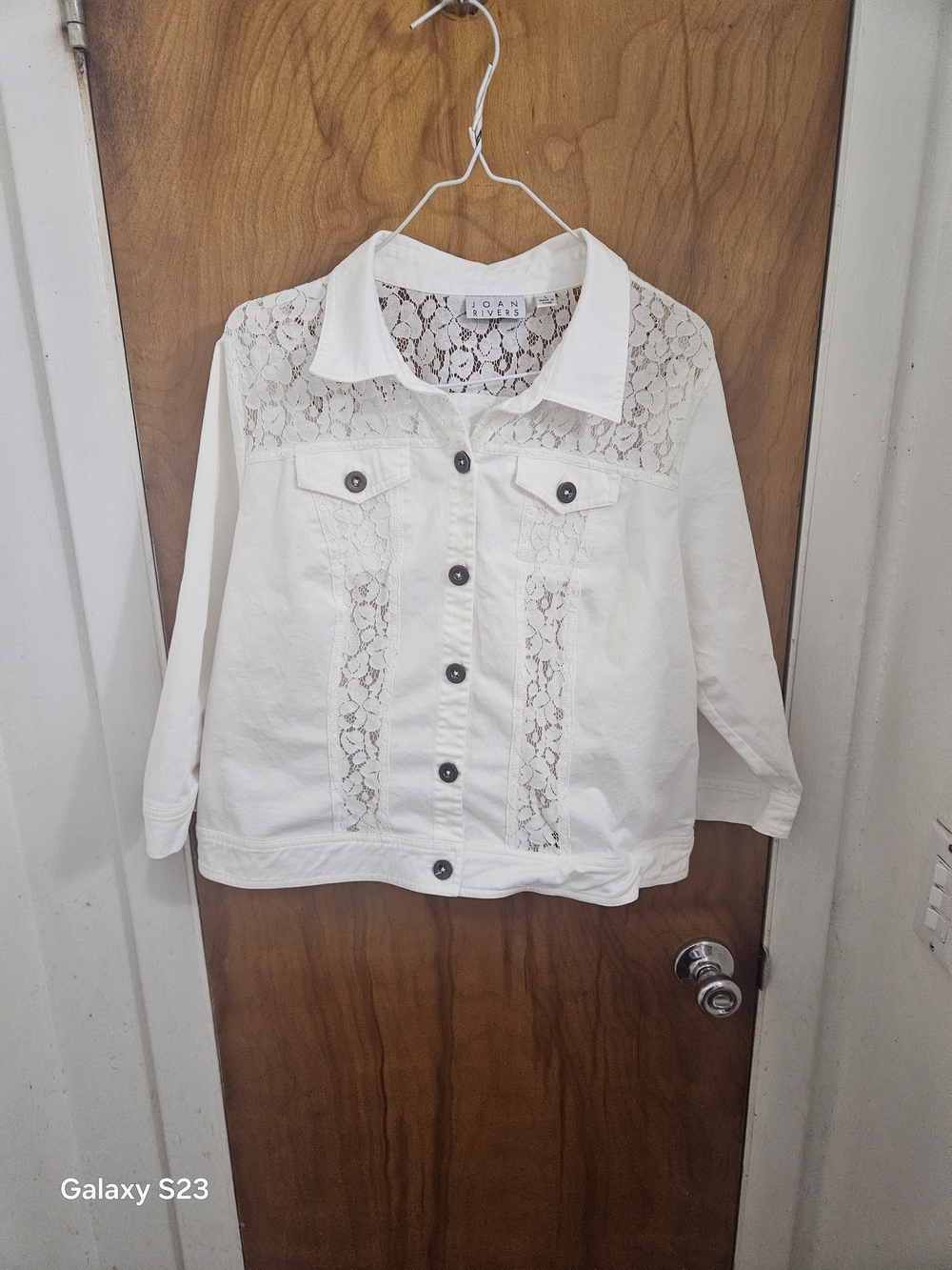 Joan Rivers White Lace-Trim Button Front Jean Jacket